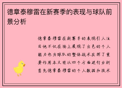 德章泰穆雷在新赛季的表现与球队前景分析