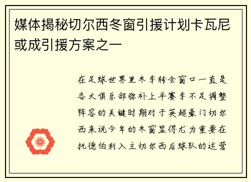 媒体揭秘切尔西冬窗引援计划卡瓦尼或成引援方案之一