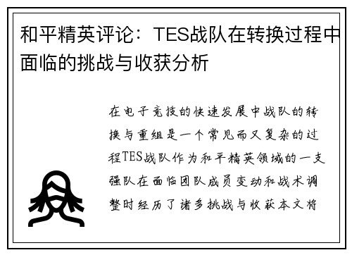 和平精英评论：TES战队在转换过程中面临的挑战与收获分析