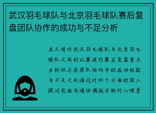 武汉羽毛球队与北京羽毛球队赛后复盘团队协作的成功与不足分析