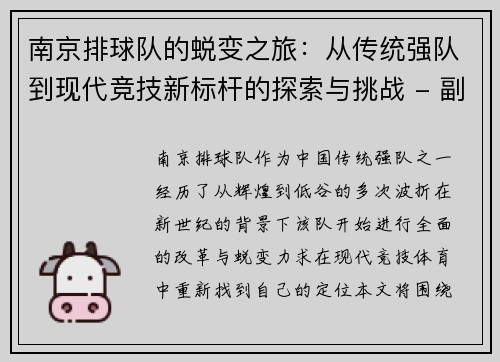 南京排球队的蜕变之旅：从传统强队到现代竞技新标杆的探索与挑战 - 副本