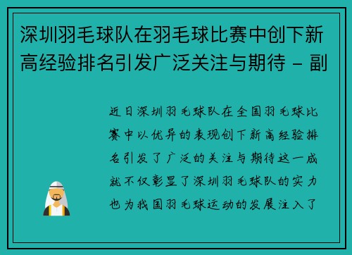 深圳羽毛球队在羽毛球比赛中创下新高经验排名引发广泛关注与期待 - 副本