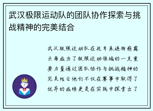 武汉极限运动队的团队协作探索与挑战精神的完美结合