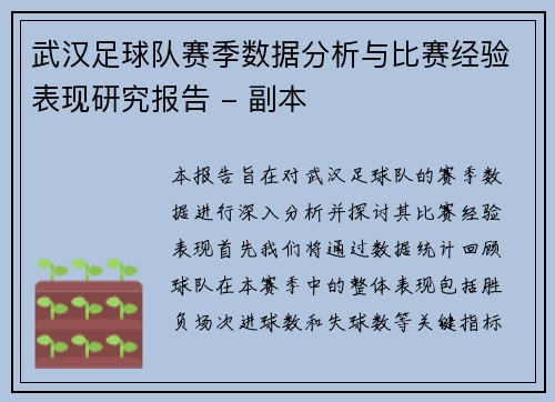 武汉足球队赛季数据分析与比赛经验表现研究报告 - 副本